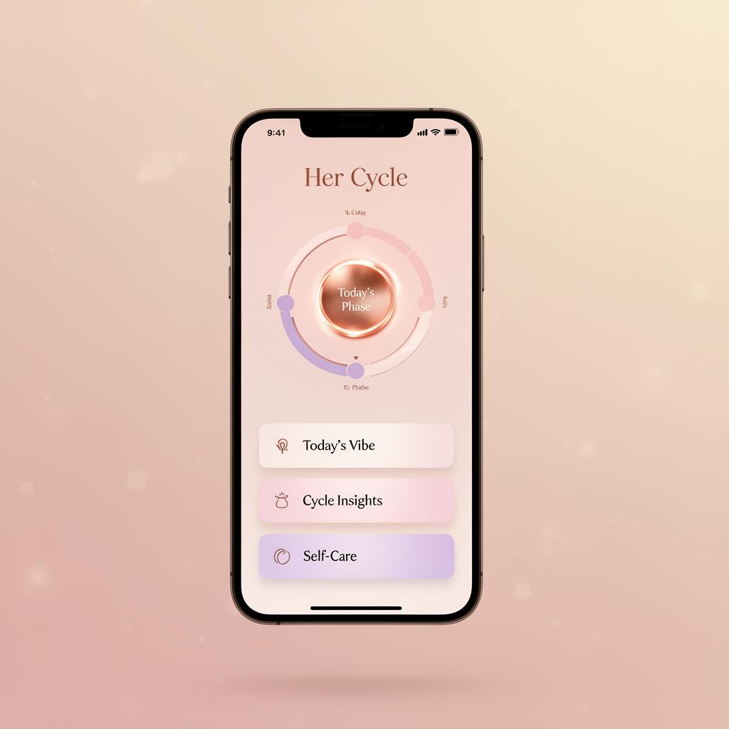 Her side of MenzTraining shown on a phone with a soft rose gold and lavender interface